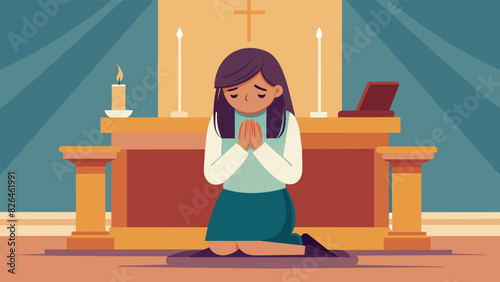 A young girl kneels at the altar tears streaming down her face as she pours out her heart to God during a powerful moment of worship led by her peers.. Vector illustration