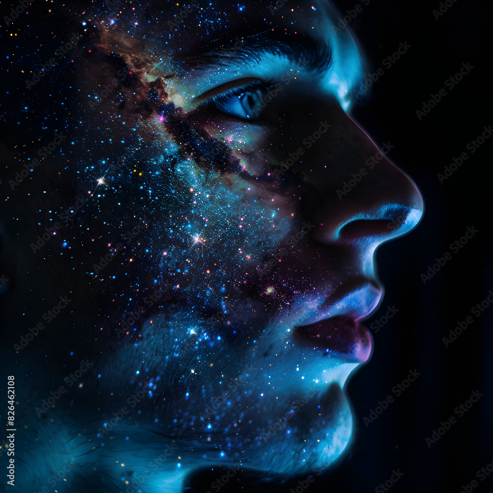 Enchanted contemplation: Portrait of a man with a merging starry night sky backdrop, evoking wonder and reflection Enchanted contemplation: Portrait of a man with a merging starry night sky backdrop, evoking wonder and reflection