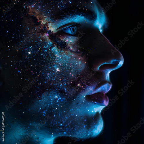 Enchanted contemplation  Portrait of a man with a merging starry night sky backdrop  evoking wonder and reflection