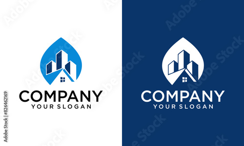 water drop icon with building. urban logo with an environmentally friendly concept