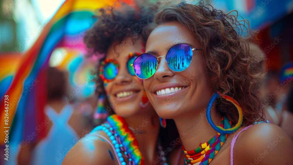 Smiling LGBTQ+ Friends at a Vibrant Pride Parade with Colorful Decorations and Reflective Sunglasses Smiling LGBTQ+ Friends at a Vibrant Pride Parade with Colorful Decorations and Reflective Sunglasses