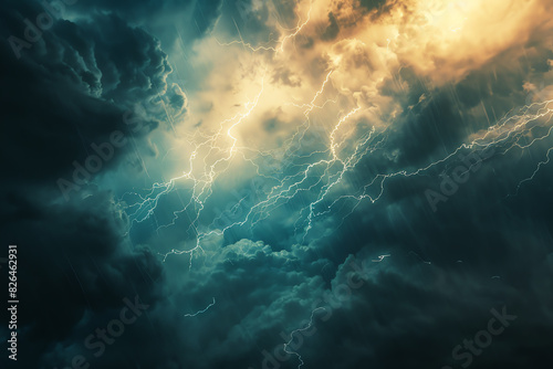 lightning effect, stormy sky, electric energy, dramatic atmosphere, close up, focus on, copy space, Double exposure silhouette with clouds
