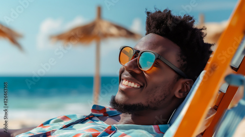 Happy young black man relaxing on deck chair at beach wearing spectacles. Smiling black man with sunglasses enjoy vacation. Carefree happy young man sunbathing at sea photo