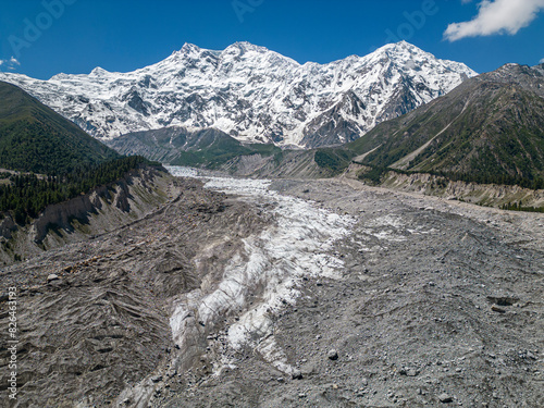 Aerial view of snow-capped Nanga Parbat and Rakhiot glacier, Karakoram Range, Astore, Skardu, Gilgit-Baltistan, Pakistan. photo