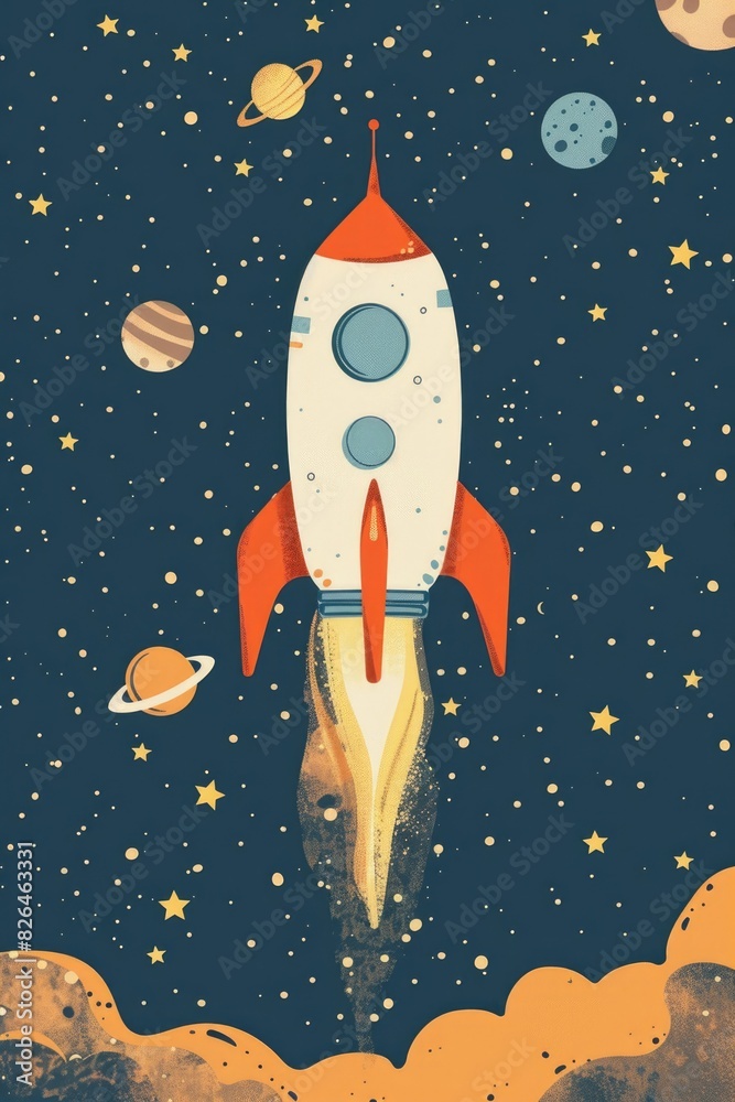 Fototapeta premium Vintage Rocket Launch into Colorful Outer Space Illustration