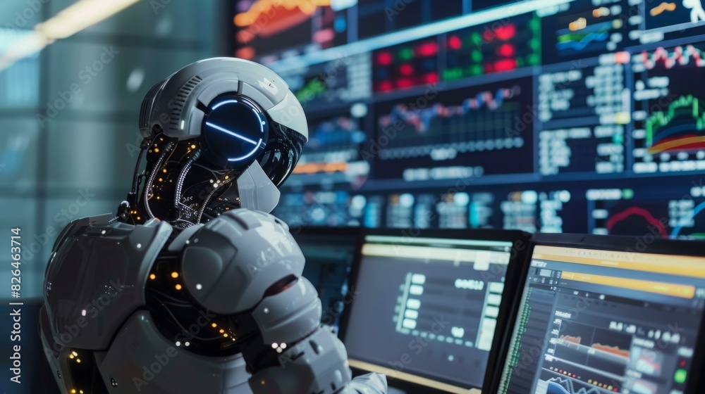 A robot is seated in front of two computer monitors, presumably working or processing information. A robot is seated in front of two computer monitors, presumably working or processing information.