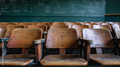 a classroom with empty chairs photo