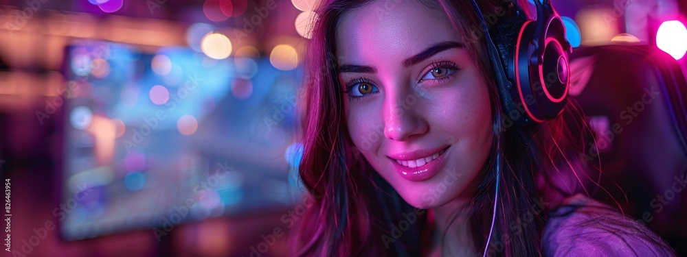 A close up of a woman with long hair and a smile, wearing a purple ...