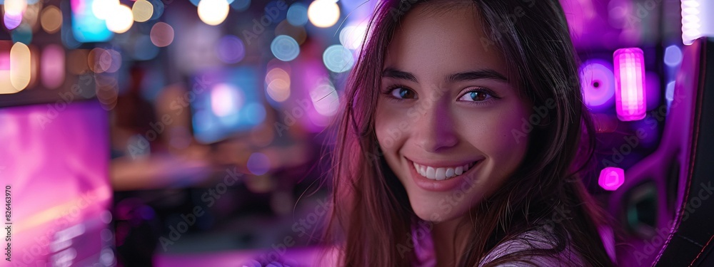 A woman with brown hair smiles for the camera in a purple room with lights in the background.