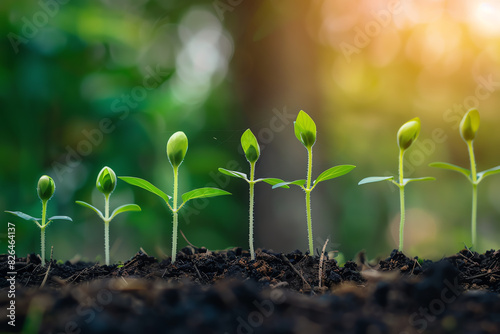 plant growth stages, seedling to mature plant, natural progression, botanical life cycle, close up, focus on, copy space, Double exposure silhouette with soil photo
