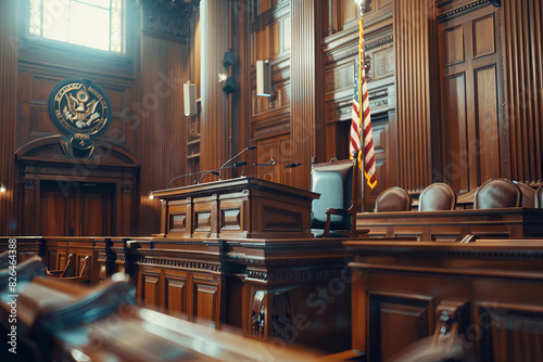 Empty American Style Courtroom. Supreme Court of Law and Justice Trial Stand. Courthouse Before Civil Case Hearing Starts. Grand Wooden Interior with Judge's Bench, Defendant's and Plaintiff's Tables 