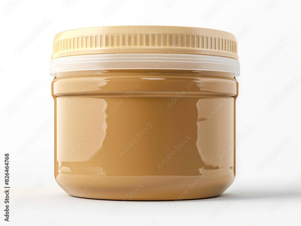 A jar of peanut butter is sitting on a white background. The jar is made of plastic and has a lid. A jar of peanut butter is sitting on a white background. The jar is made of plastic and has a lid.