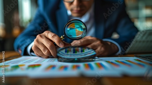 A businessman analyzing market trends with a magnifying glass, highlighting attention to detail in financial analysis.