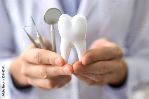  Healthy white tooth model and dentist mirror instrument in dentist hands.
