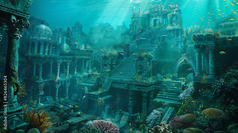 Depicts an underwater city. There are ruins of buildings and columns, with fish swimming around.