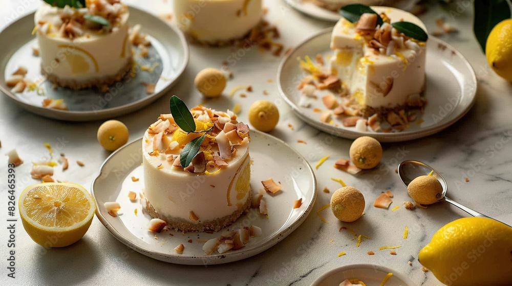 Three-tiered cake stand with frosted cakes, lemon wedges, and leaf garnishes Three-tiered cake stand with frosted cakes, lemon wedges, and leaf garnishes