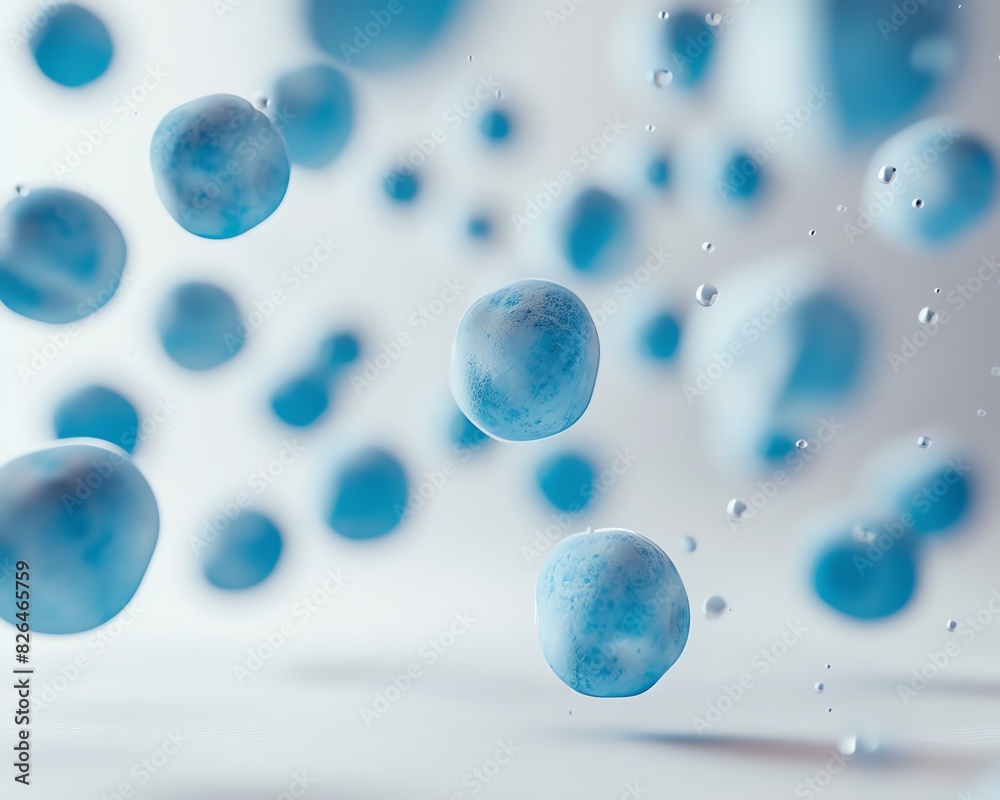 Abstract image of blue spheres floating in mid-air with a blurred background. Perfect for scientific and tech-themed projects.