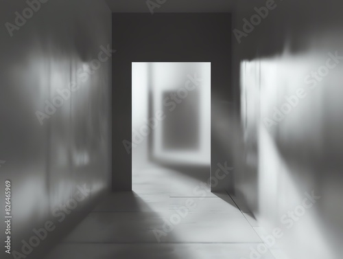 Abstract minimalistic hallway with geometric shadows and light, creating a surreal and mysterious atmosphere.