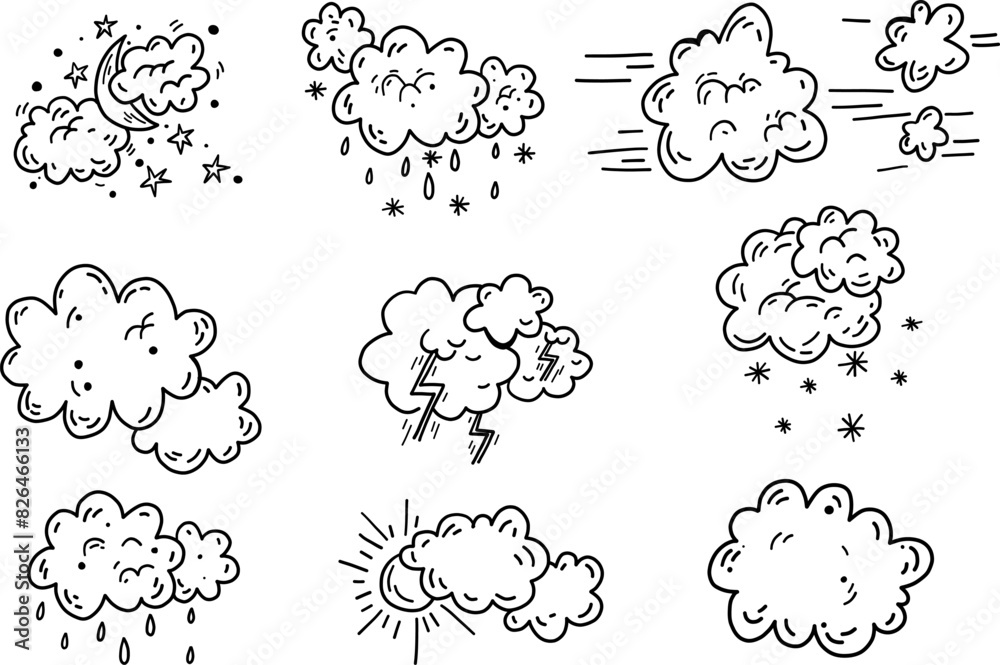 Weather climate forecast hand drawn set collection thunder, storm wind, snow elements daylight night.