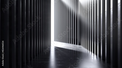Abstract view of sunlit corridor with vertical slats  creating distinctive light and shadow patterns on dark polished floor.