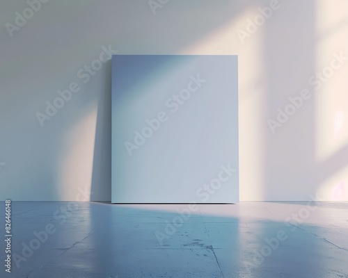 An empty canvas placed against a wall in a sunlit room  casting soft shadows on a polished floor  ready for creating artwork.
