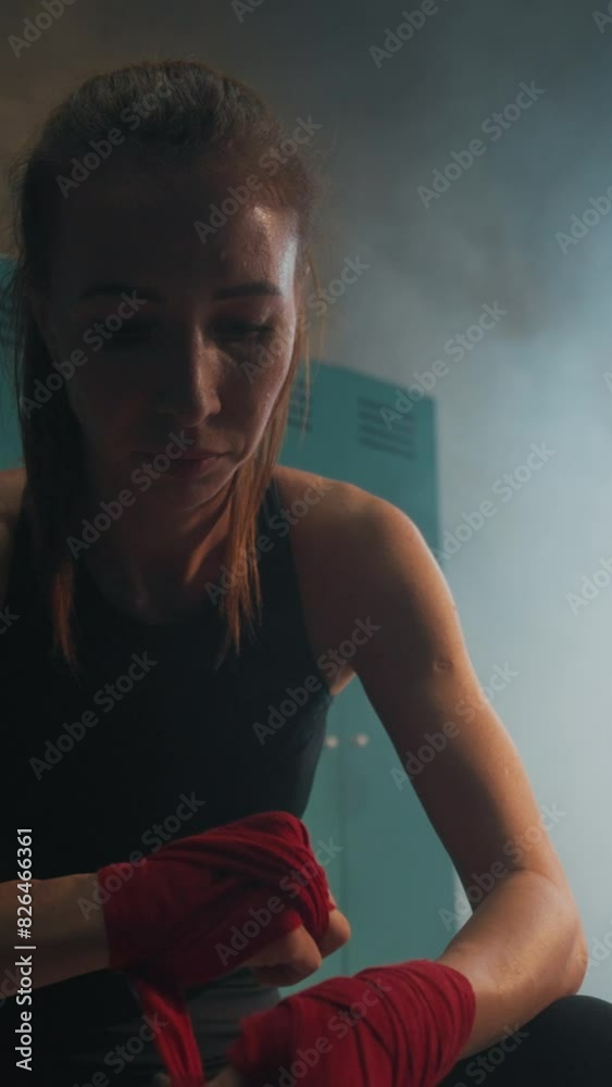 Portrait of beautiful female boxing fighter after training in fitness club, woman wrapping hands by boxing bandages. Active sport workout for loss weight and keeping fit, self-defense class for women Portrait of beautiful female boxing fighter after training in fitness club, woman wrapping hands by boxing bandages. Active sport workout for loss weight and keeping fit, self-defense class for women