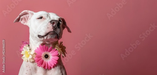 Adorable Dog with Colorful Floral Lei Against Pink Background