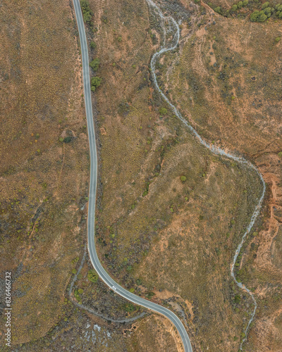 Aerial view of winding road in Cartagena, Murcia, Spain.