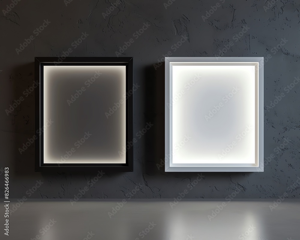 Minimalist black and white illuminated frames on a dark wall, creating a modern and stylish ambient lighting effect. Minimalist black and white illuminated frames on a dark wall, creating a modern and stylish ambient lighting effect.