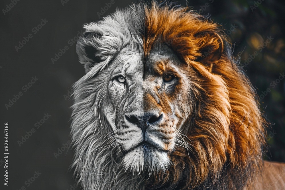 Fototapeta premium A dynamic image juxtaposing a photo of a majestic lion on the right with a detailed hand-drawn sketch on theleft, highlighting the transition between realism and artistry.