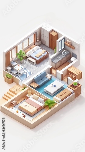 Isometric view of an apartment Floor plan, apartment interior isolated on white background