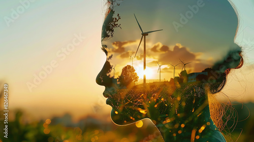 utilize renewable energy, solar panels and wind turbines, sustainable power, ecofriendly solutions, close up, focus on, copy space, Double exposure silhouette with nature photo