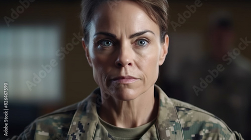 A close-up of a military woman with a determined expression conveys strength and leadership