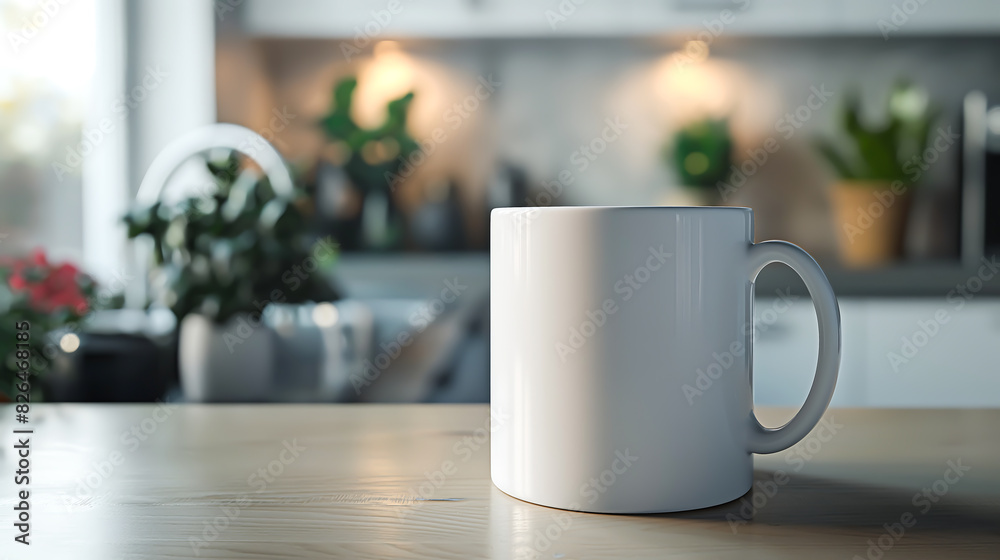 Fototapeta premium A beautiful and elegant of a mug mockup, Presenting a blank mug on a cozy kitchen background, Foreground a white ceramic mug mockup in the kitchen