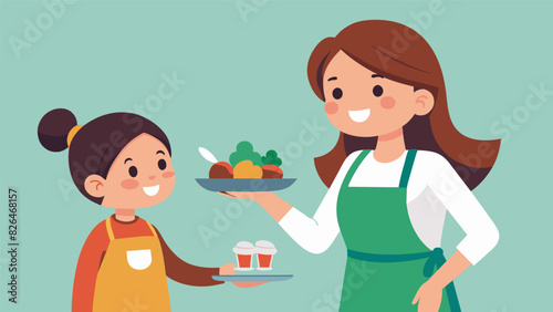 A mother and her young daughter both wearing aprons and serving utensils eagerly asking patrons if they would like seconds or dessert at a soup. Vector illustration