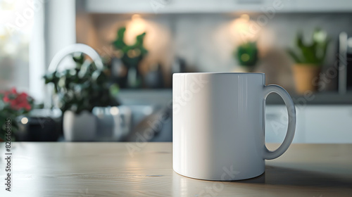 A beautiful and elegant of a mug mockup, Presenting a blank mug on a cozy kitchen background, Foreground a white ceramic mug mockup in the kitchen
