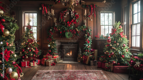 A room decorated with Christmas trees and wreaths