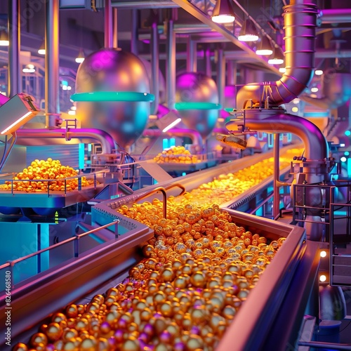 Illustration of gold nuggets being processed in a lively and colorful environment