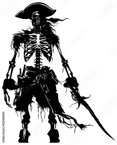 illustration of a pirate skeleton with sword, isolated 