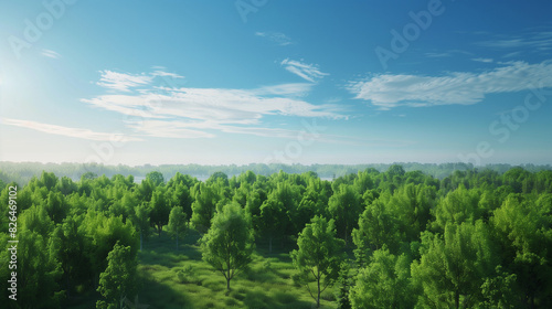 clean and simple  with green trees in the distance and a blue sky
