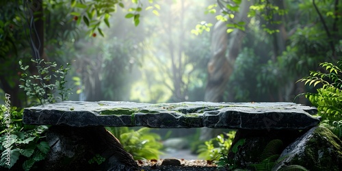 Rustic Stone Table in Serene Forest Glade with Sunlight and Shadows Empty for Product Display or Copy Space