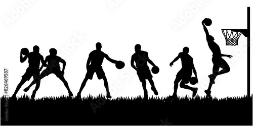Basketball player silhouette, Set of basketball players silhouettes, Basketball player with ball various poses
