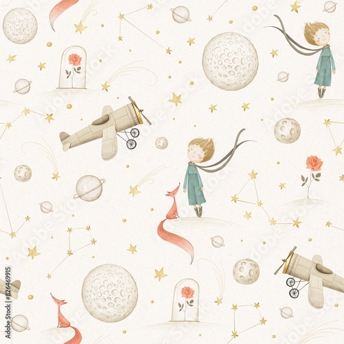 Seamless pattern of boy, fox, rose, airplane, planets, stars. Light background. Stock illustration. photo