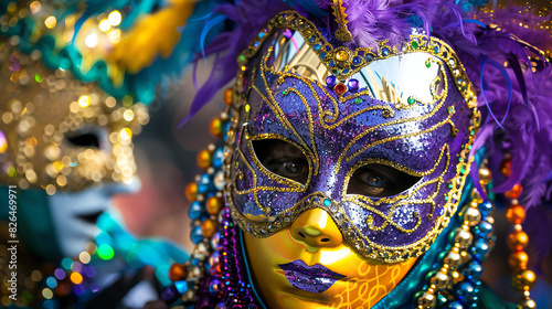 People wearing colorful and elaborate Venetian masks.