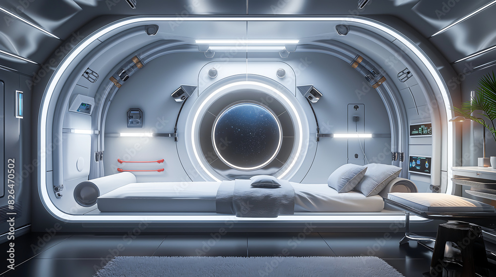 The interior of the one-person capsule room for the next generation of rest areas in the near future office environment, High-tech features, Future bedroom, Modern Style