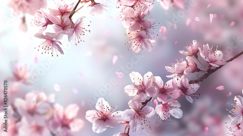 Delicate cherry blossoms adorning a tree branch  their soft pink petals fluttering in the gentle spring breeze.