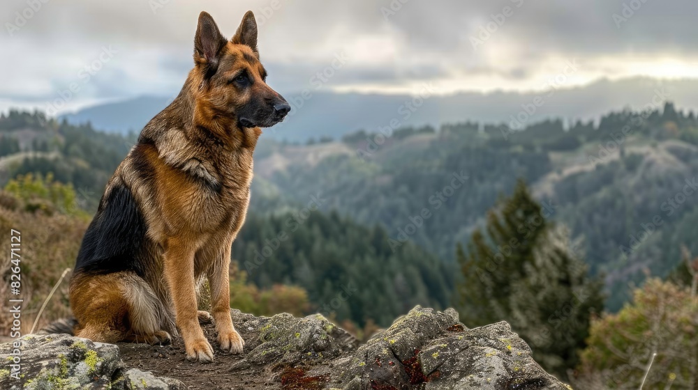 A majestic German Shepherd on a mountain trail, looking into the distance with a beautiful landscape of trees and hills behind. A majestic German Shepherd on a mountain trail, looking into the distance with a beautiful landscape of trees and hills behind.