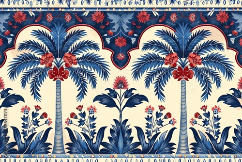 Palm tree motifs in decorative folk art border. Traditional and cultural design.