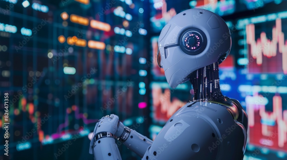 A robot stands tall, gazing at the cityscape illuminated by night lights.