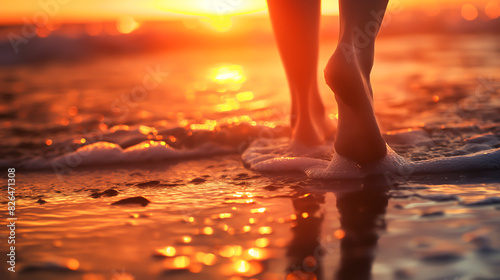 Close up of woman feet walking on the beach with the sunset, Woman walking having relaxing and enjoying on the sand of the beach with the sunset at the background